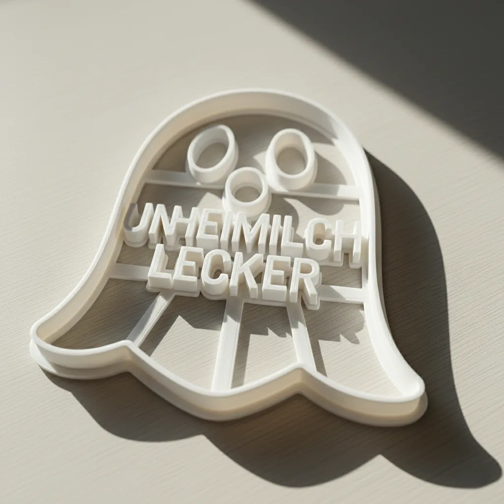 Custom 3D gedruckter Keksausstecher in Geist-Form mit Schriftzug ‚Unheimlich Lecker' — individuelles Backwaren-Geschenk auf Kundenwunsch, sofortdruck.at Wien