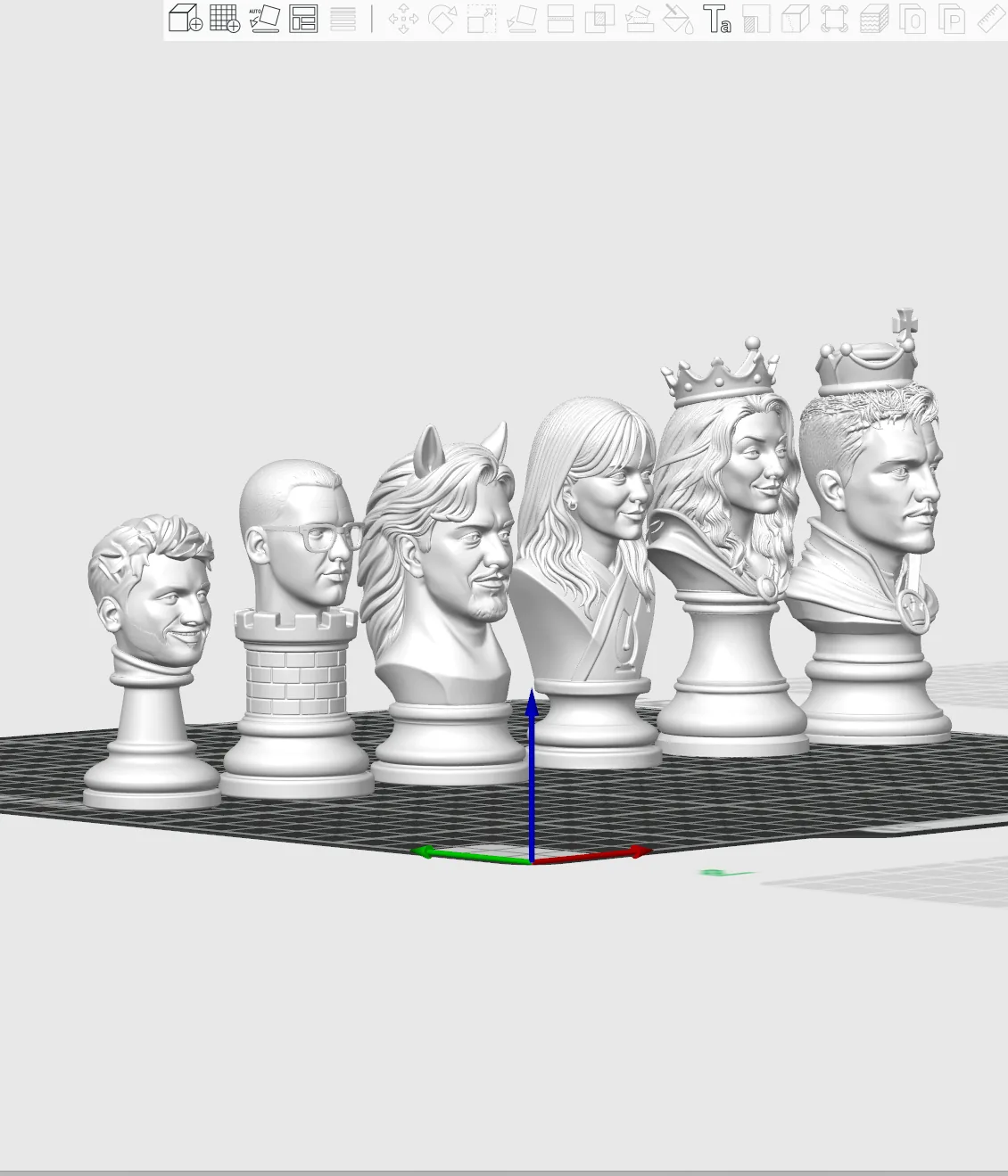 CAD-Slicer-Ansicht der 6 Custom-Schachbüsten auf dem Druckbett — Foto-zu-3D-Modellierung aus Wien, Designphase vor dem Druck, sofortdruck.at