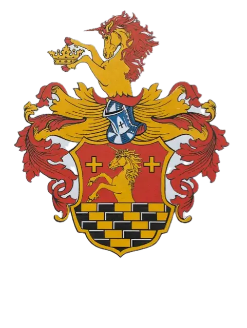 Heraldische Familienwappen-Malerei mit Einhorn, Krone und rotem Baum — Kunden-Vorlage für individuelles 3D-Modellieren in 1080 Wien, sofortdruck.at