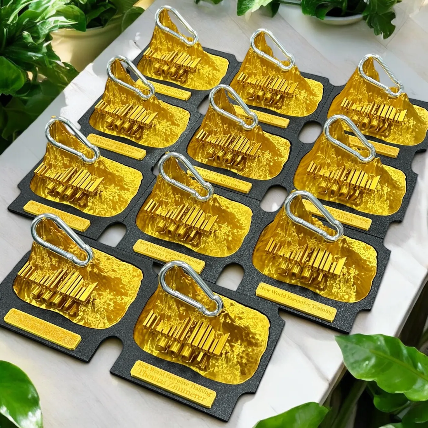 12 personalisierte 3D gedruckte Firmen-Awards in Gold — Bergkette mit Namensschild und Karabiner-Halterung, New World Executive Training 2022, sofortdruck.at Wien