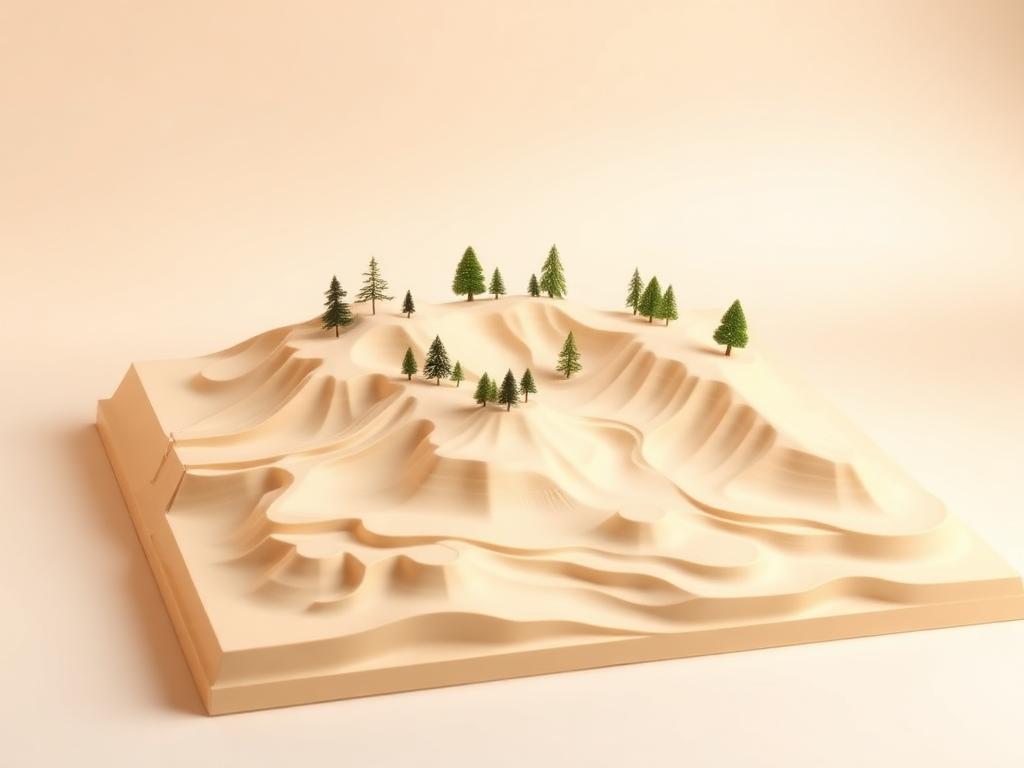3D gedrucktes Geländemodell mit Höhenlinien und kleinen Bäumen