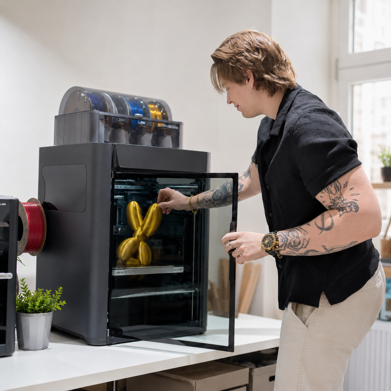 Dominik in der sofortdruck.at Werkstatt in Wien Josefstadt — 3D-Drucker mit goldenem Ballonhund aus PLA-Metallic-Filament.
