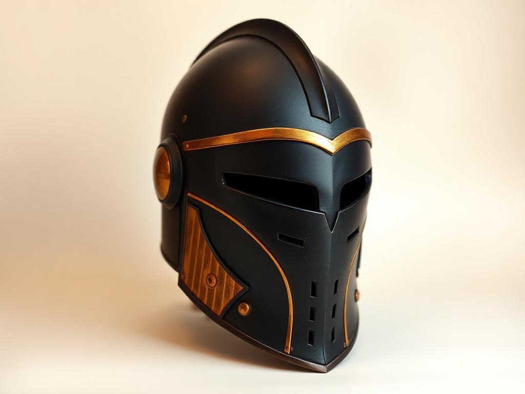 Lackierter Cosplay-Helm aus 3D Druck, matt schwarz mit Gold-Akzenten — Prop-Building aus 1080 Wien, sofortdruck.at