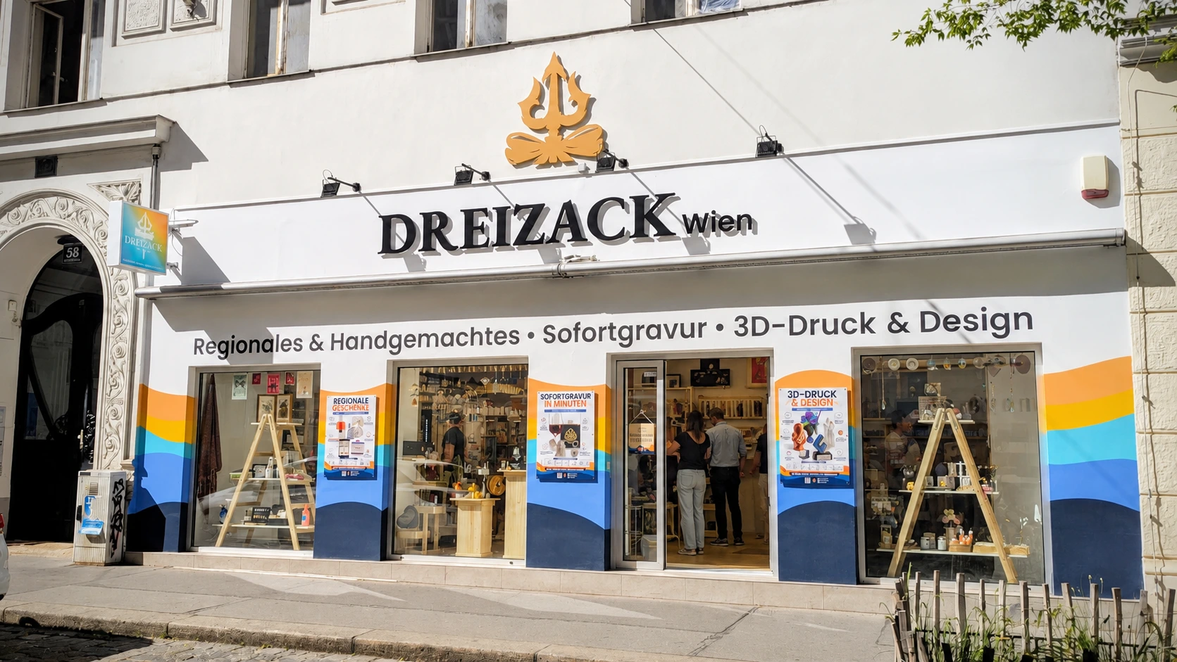 Sofortdruck.at Walk-in 3D-Druck in Wien — Dreizack Wien Shopfront in der Josefstädter Straße 58, 1080 Wien.