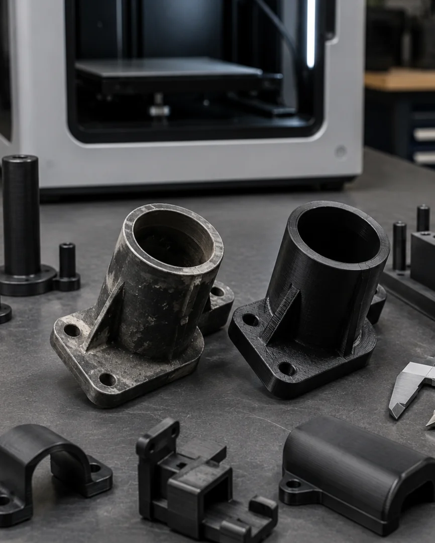 3D gedruckte funktionale Ersatzteile in Schwarz neben Original-Bauteil auf Werkbank — B2B 3D Druck Wien, sofortdruck.at