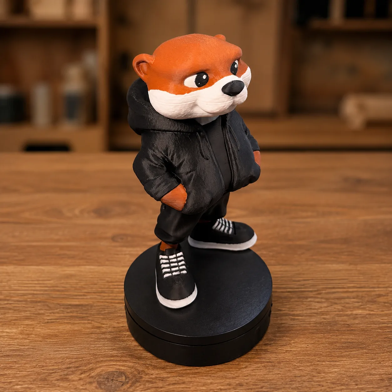 3D gedruckte Otter-Figur mit schwarzem Hoodie und Sneakers auf Sockel — personalisierte Charakterfigur aus Wien