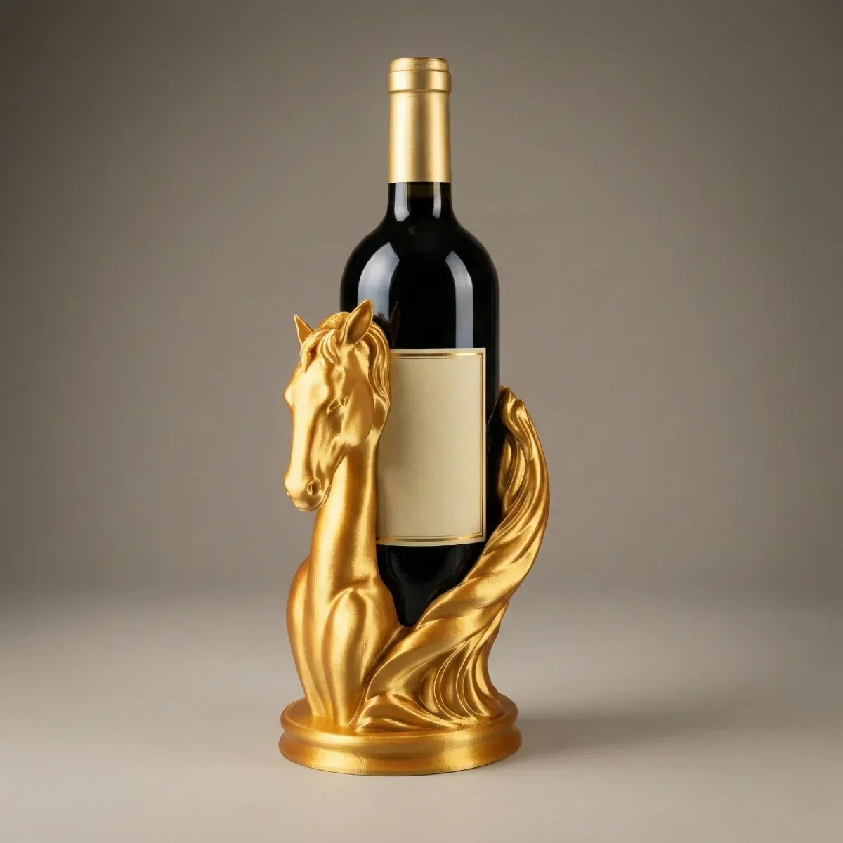 Goldener Pferd-Weinflaschenhalter aus 3D Druck — Geschenk aus Wien