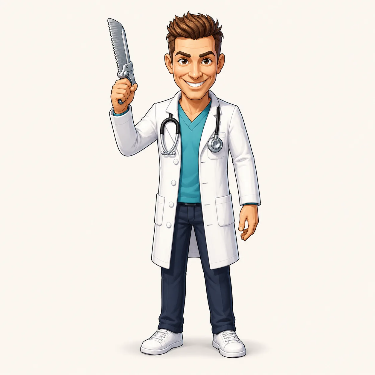 2D-Cartoon-Vorlage eines Arztes mit Stethoskop und Säge — Kunden-Zeichnung als Input für 3D-Modellierung in Wien, sofortdruck.at