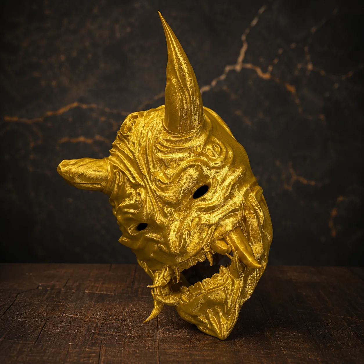 Goldene Dämonenmaske aus 3D Druck mit Hörnern und Zahnreihen — lackierfertig aus 1080 Wien, sofortdruck.at