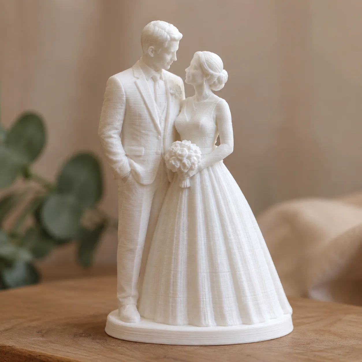 3D gedruckter Caketopper Brautpaar in Weiß — Bräutigam im Anzug und Braut im Brautkleid mit Brautstrauß, personalisiertes Hochzeitsgeschenk aus Wien, sofortdruck.at