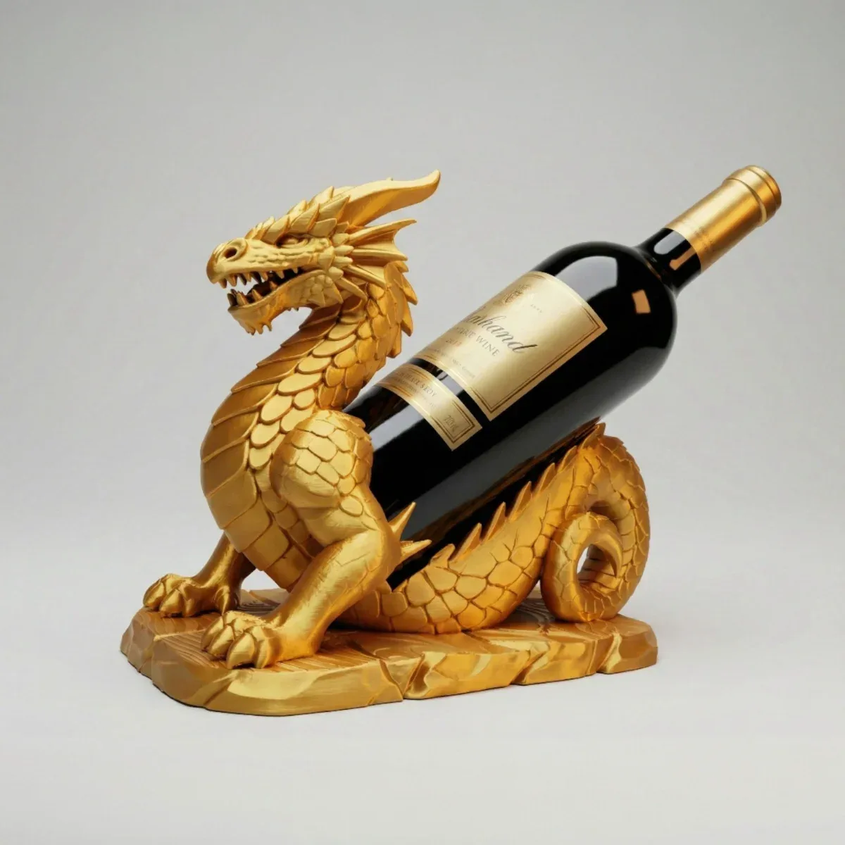 Goldener 3D gedruckter Weinflaschenhalter in Drachen-Form — Geschenkidee aus Wien, sofortdruck.at