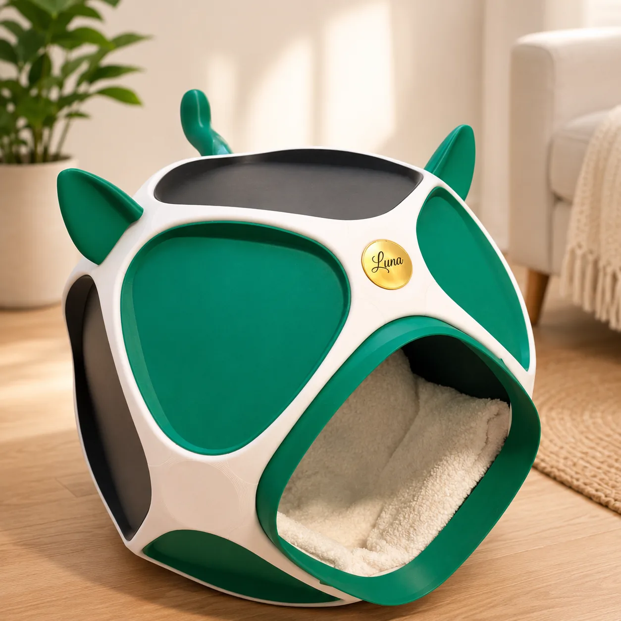 Individualisiertes Katzenhaus aus 3D Druck in Weiß und Grün mit Namensschild ‚Luna' — Sonderanfertigung für Haustiere aus Wien