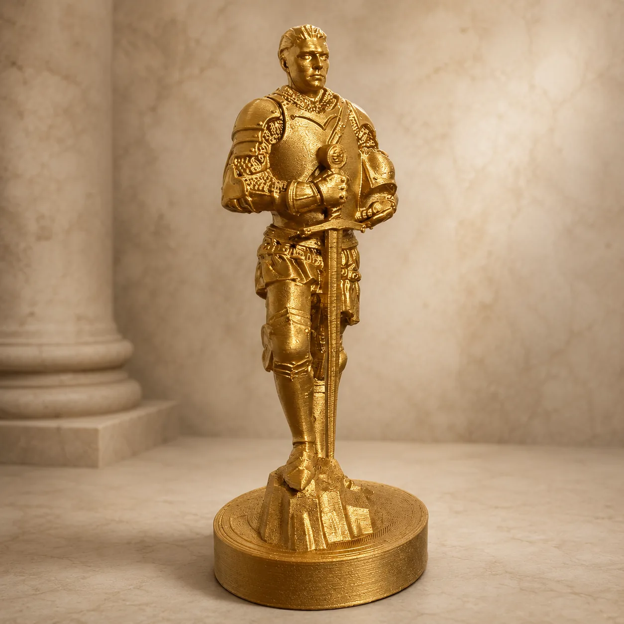 Goldene Ritter-Figur aus 3D Druck auf rundem Sockel — personalisierte Trophäe oder Geschenk aus Wien