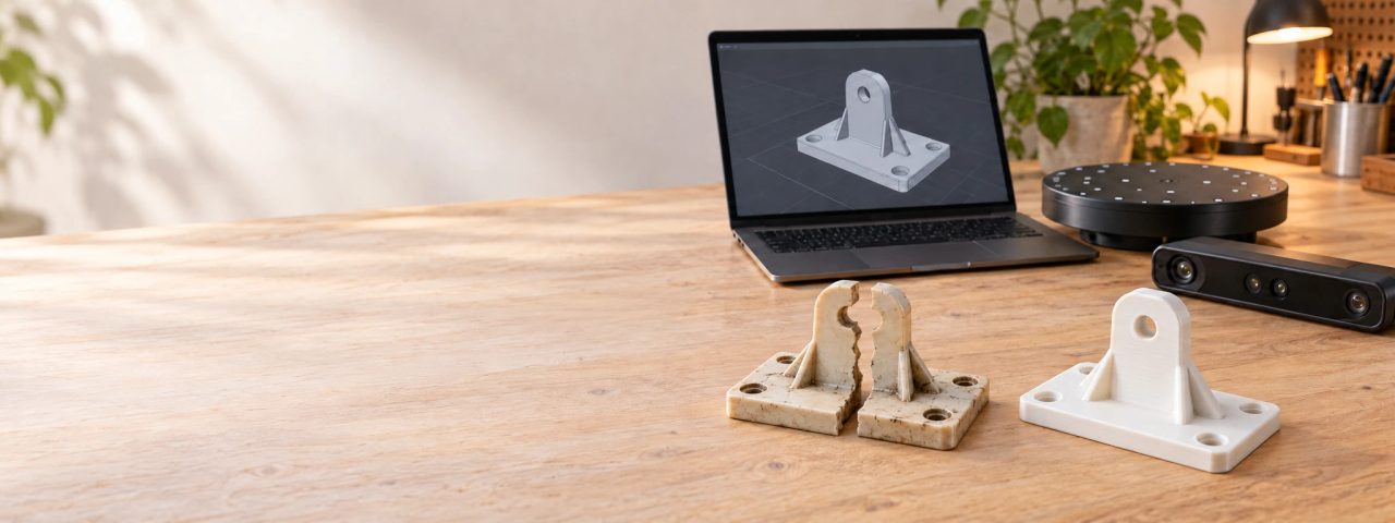 Ein zerbrochenes Kunststoffteil neben seinem neu gedruckten Ersatzteil, dahinter das 3D-Modell am Laptop und ein 3D-Scanner