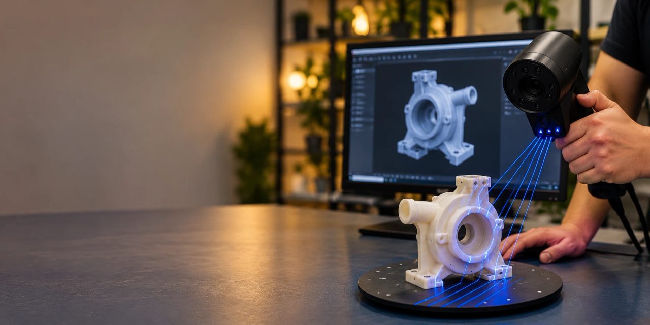 Ein Kunststoffteil wird auf einem Drehteller mit einem 3D-Scanner erfasst, am Bildschirm entsteht sein 3D-Modell