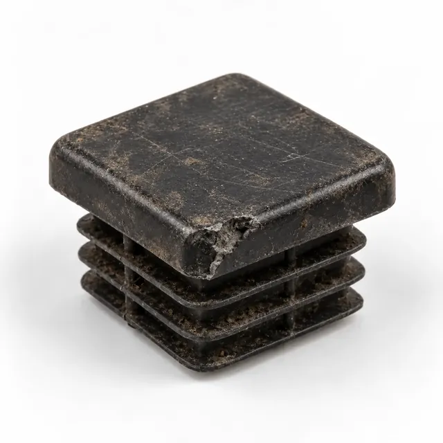 Schwarze Endkappe für ein Vierkantrohr mit Lamellen, Original mit abgebrochener Ecke