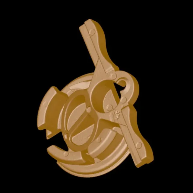 Schwarze Halterung aus Kunststoff mit Öse und zwei seitlichen Armen als 3D-Modell am Computer, in Gold auf schwarzem Grund